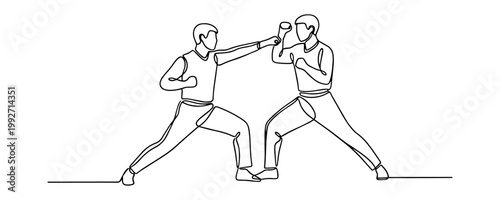 two men in boxing stance practicing martial arts in minimalist line drawing illustration