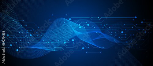 Quantum technology circuit board texture background design. Quantum computer technologies concept. Futuristic blue circuit board background motherboard.