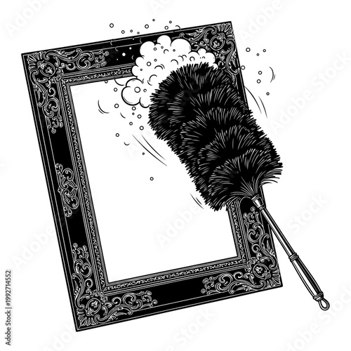 Black feather duster resting on ornate vintage picture frame with floral sketch on white background