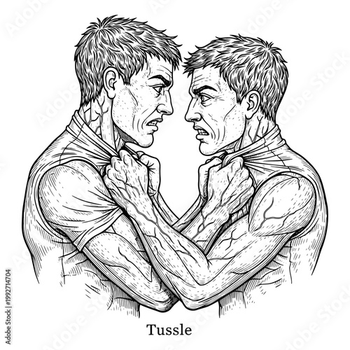 Two men in t-shirts wrestling in dynamic black and white sketch style illustration