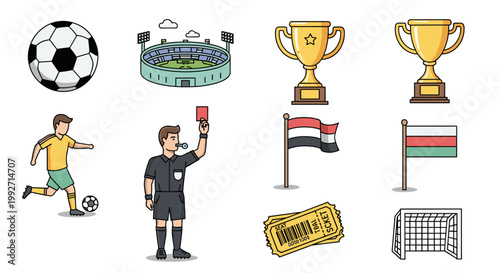 Soccer-themed illustration featuring a soccer ball, stadium, trophies, flags, ticket, goal, player kicking, and referee showing a red card, all rendered in a clean, colorful