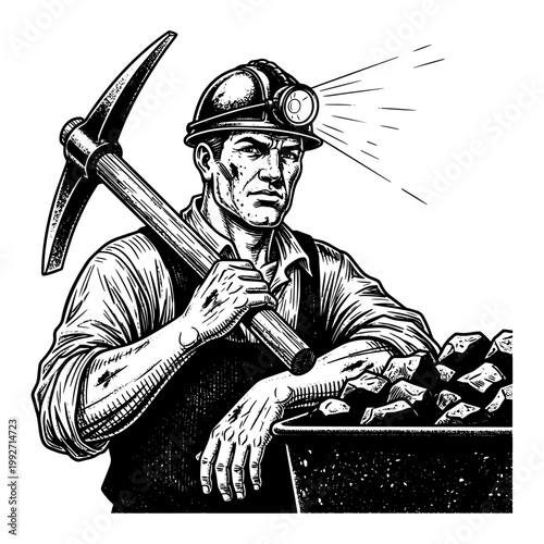 Vintage miner holding pickaxe with coal in black and white illustration
