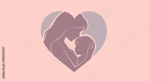 A heartwarming silhouette icon showcasing a mother tenderly holding her infant child inside a heart, representing the powerful bond of love, nurturing, and motherhood
