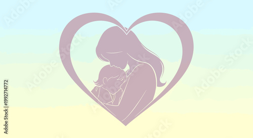 Tender moment of maternal love, a silhouette illustration of a mother embracing her newborn baby within a heart, symbolizing unconditional family bond and gentle care
