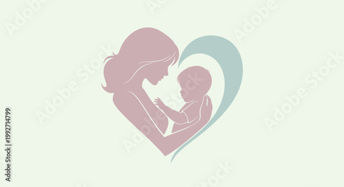 Tender moment of a mother embracing her newborn baby, beautifully depicted within a loving heart shape, symbolizing maternal care, family bond, and new beginnings