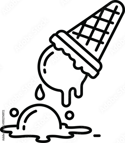 Whimsical outline icon illustrating a scoop of delicious ice cream falling from its cone and melting on a hot summer day.