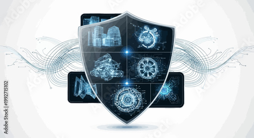 Conceptual technology shield with detailed holographic engine parts floating against a white background, presented in a sleek, modern style with fine line work and cool blue lighting