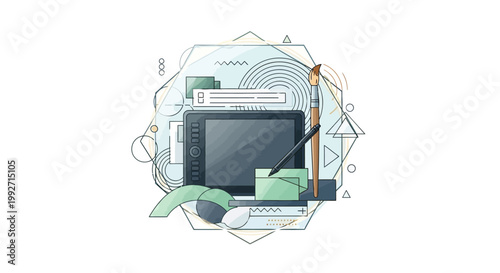 Digital art tools illustration features a graphic tablet with a stylus pen and paint brush in a modern composition against a white background, rendered with a clean and contemporary graphic