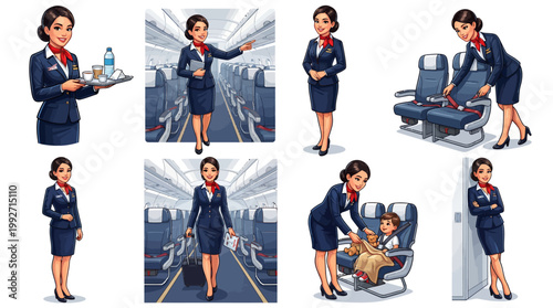 Set of Professional Flight Attendant Illustrations Showing Various In-Flight Services, Cabin Crew Duties, Hospitality, and Airline Travel Safety Procedures.