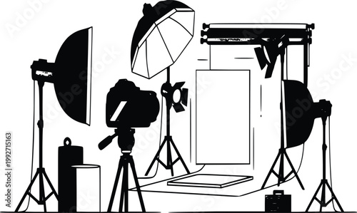 Professional photography studio equipment set with camera tripod softbox and backdrop vector illustration in flat style