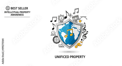 A stylized graphic illustrates intellectual property protection with musical notes and a world globe inside a shield, presented against a bright white background, conveying a sense