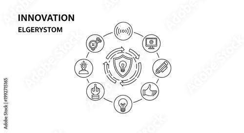 A flat lay illustration displays innovation with circular arrows around a shield-protected lightbulb, surrounded by icons representing various concepts against a clean white background