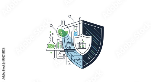 Graphic illustration showing lab glassware with green liquid connected by circuit lines to a protective shield with a building inside, set against a clean white background