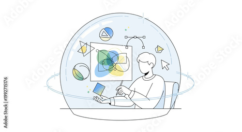 Stylized line art illustration of a graphic designer creating geometric shapes on a digital interface, with a pen in hand, within a transparent sphere and against a clean white background