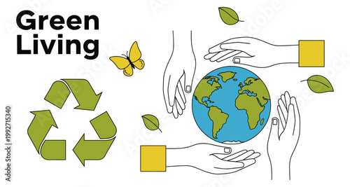 Hands cradle Earth with recycling symbol and butterfly for green living concept