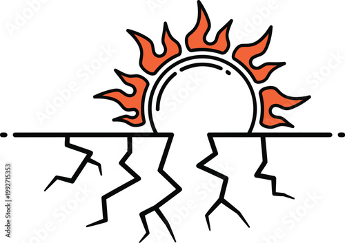 Abstract graphic representation of a sun with fire flames rising from a cracked earth surface, suggesting power and upheaval.