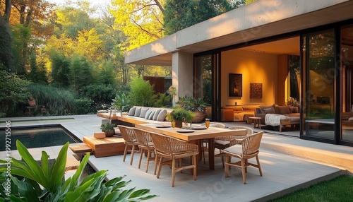 Sunlit modern patio with wooden dining table, wicker chairs, outdoor sofa, pool and lush garden, warm inviting cozy evening atmosphere