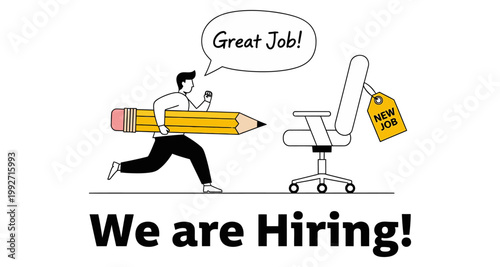 Man with pencil runs towards new office chair with job tag