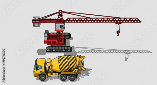 Construction crane and concrete mixer truck illustration.