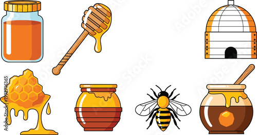 Honey and Bee Vector Icon Set with Honey Jar, Dipper, Honeycomb, Pot, Beehive, and Bee for Natural Food, Organic Farming, and Apiary Product Branding Design