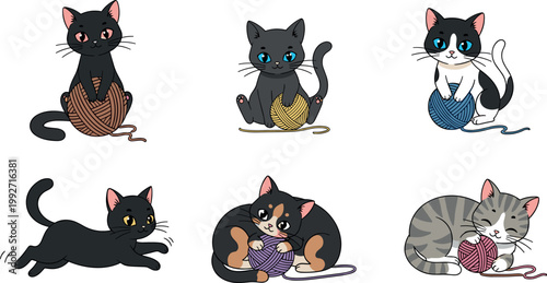 Collection of cute kitten vector illustrations playing with yarn balls adorable cartoon cats in different poses pet character set