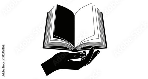 Open book held in hand symbol for knowledge and education isolated on white