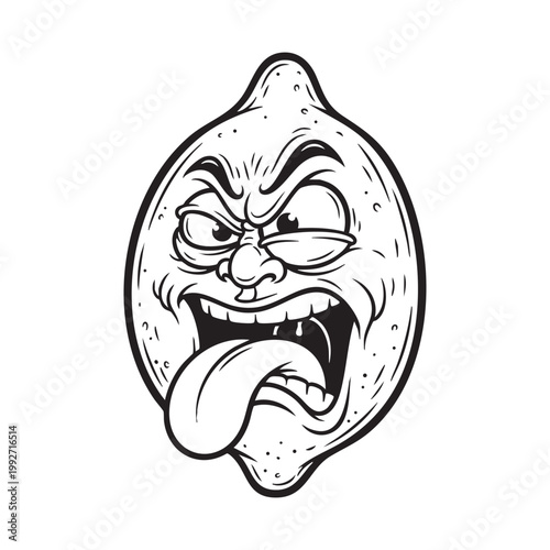 An angry lemon with a comical expression and extended tongue presented as a silhouette high quality