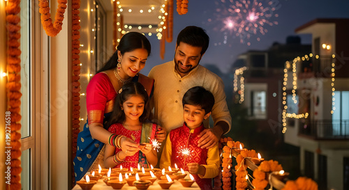 Indian family celebrating Diwali with lit diyas and fireworks in warm home setting