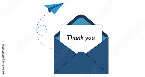 Paper airplane sending a thank you note from a blue envelope during a clear day