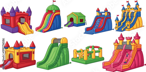 Collection of colorful inflatable bounce houses and slides for kids playground party amusement park fun vector illustration set