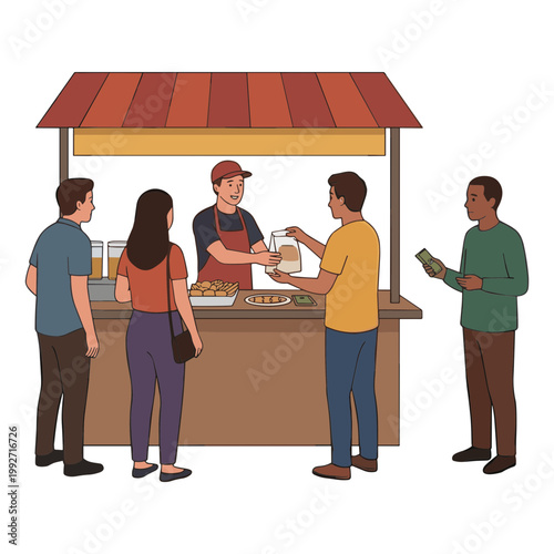 People buying food from a vendor at an outdoor market stall