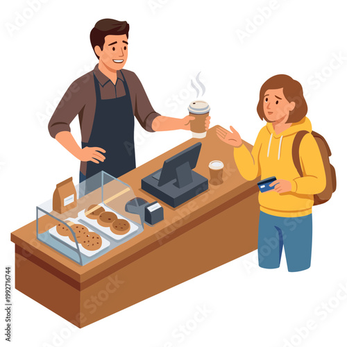 Barista serves coffee to customer at counter with pastries and cash register