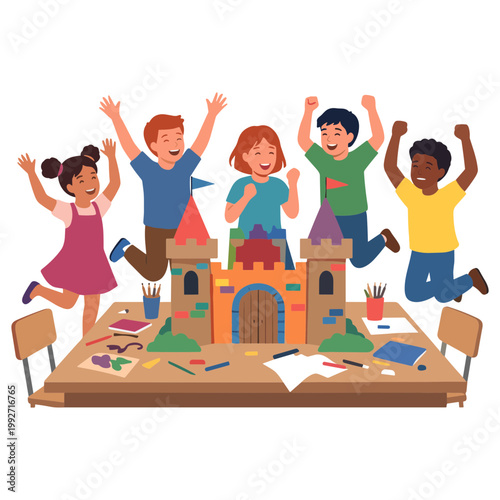 Children joyfully celebrating around a colorful sandcastle on a table