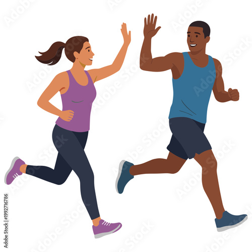 People jogging together giving high-five outdoors in casual wear