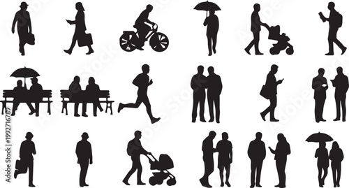 Vector silhouettes of people in various activities and poses for architectural or design projects, white background