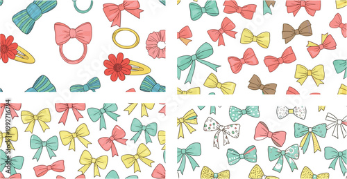 Colorful hand drawn bow collection with accessories and seamless patterns for fashion design, kids backgrounds, and decorative textile prints