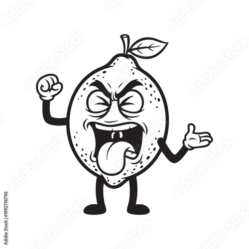 An angry cartoon lemon character with expressive features and raised fists a bold silhouette high quality