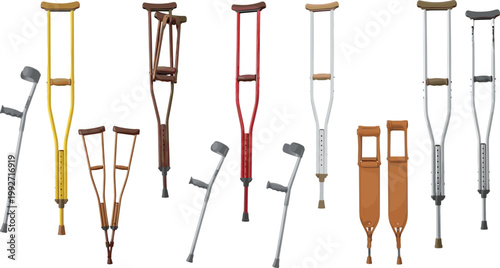 Crutches collection with different types and materials, medical walking aids set for injury recovery, detailed vector illustration