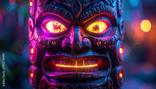 A close-up of a vibrant tiki mask with glowing eyes