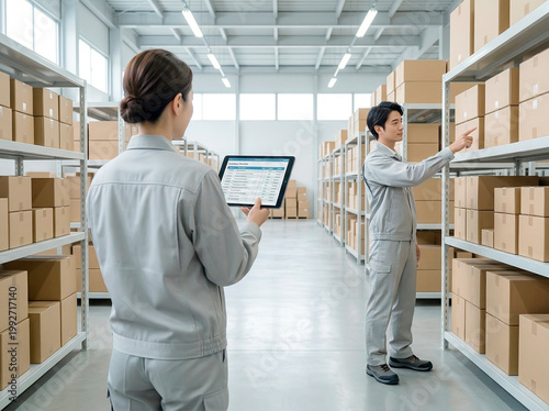 倉庫で在庫管理をする男女の作業員