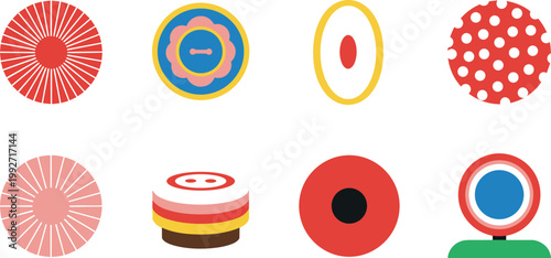 Abstract geometric circle shapes collection with colorful patterns, modern decorative round elements set for design, vector illustration