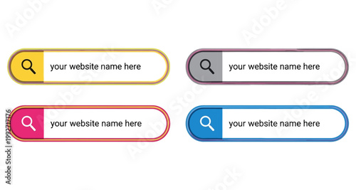 Search bar interface elements in four different colored frames with magnifying glass icons and text placeholders