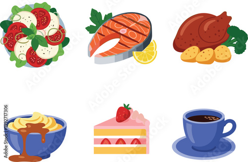 Restaurant Meal Course Vector Icon Set with Caprese Salad, Salmon Steak, Roast Chicken, Pasta Bowl, Strawberry Cake, and Coffee Cup for Food Menu and Culinary Design