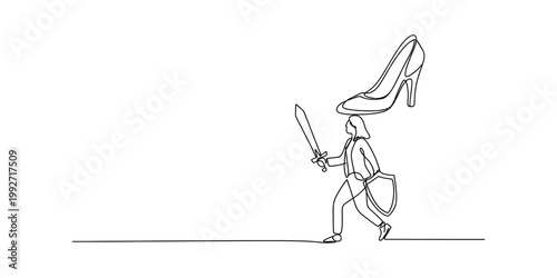 A single continuous line drawing of a determined businesswoman holding a sword and shield, marching forward while a giant high heel pump shoe looms over her head, symbolizing professional challenges. 