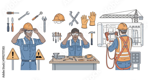 Celebrating World Day for Safety and Health at Work, an illustration shows a worker adjusting safety goggles near a workbench with tools, and another reviewing a blueprint, all in a flat