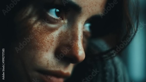 Close-up of a contemplative woman with freckles