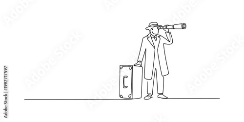 A continuous line drawing of a detective wearing a trench coat and a hat while holding a vintage suitcase and looking through a telescope to find clues during an investigation in a minimalist style. V