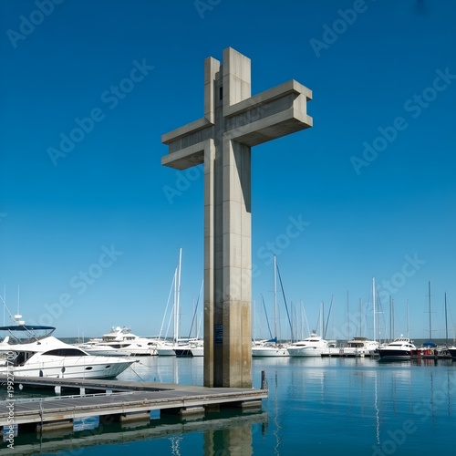 Luxury yachts and sailboats anchor in the blue water of the Barcelona marina harbor as travel vessels cross the nautical bay under a summer sky
