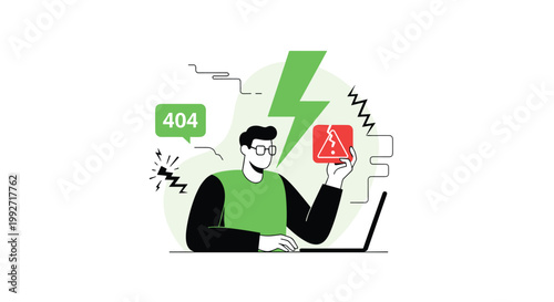 A frustrated male professional sits at his sleek black laptop while surrounded by bright green lightning bolts and a prominent red warning notification icon.