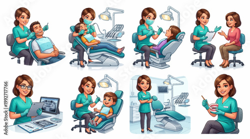 Professional Dentist Character Illustration Set Featuring Oral Healthcare Scenes with Pediatric and Adult Patients in Modern Medical Clinic Environment Isolated.